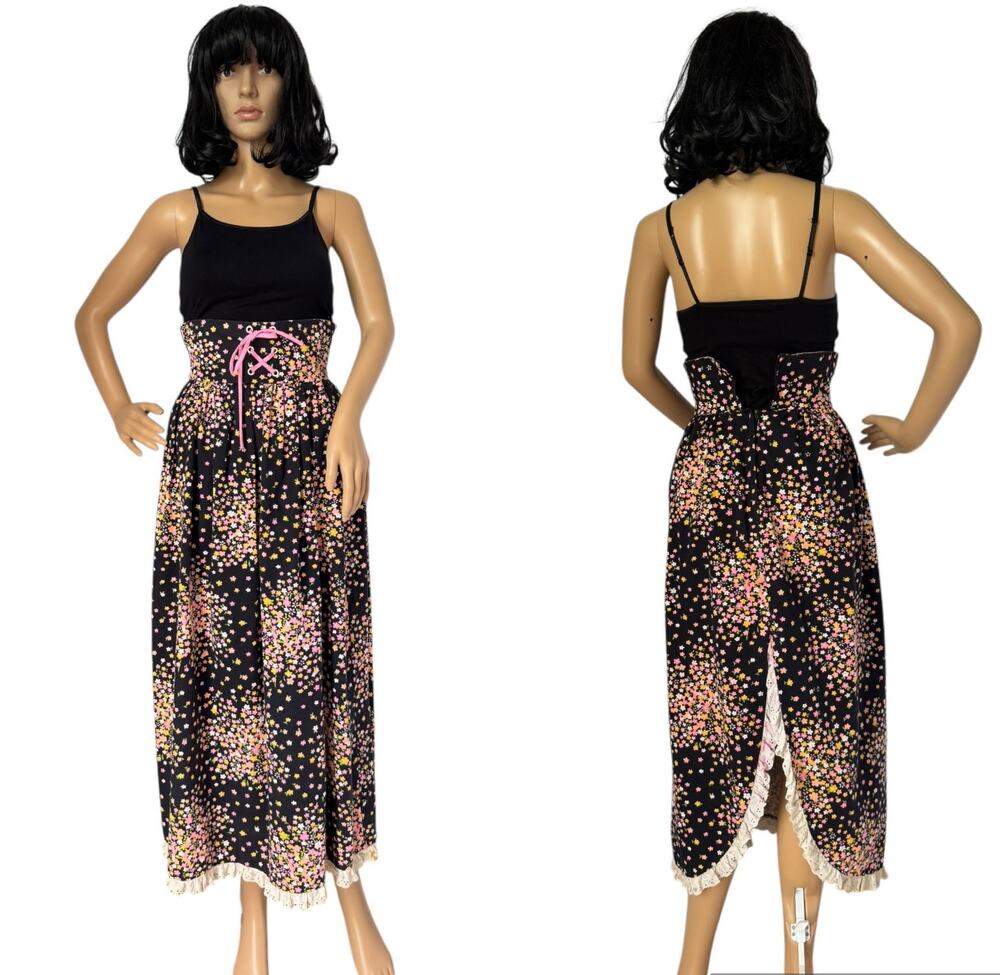 Vtg unbranded OOAK black floral high waisted corset front eyelet trim maxi skirt